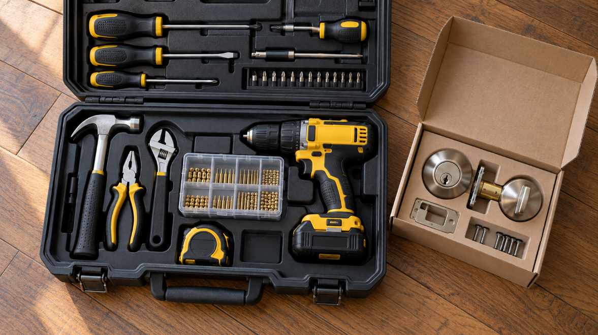 Open tool case with screwdrivers, a cordless drill, and a tray of small brass pins next to a boxed deadbolt on a wooden floor