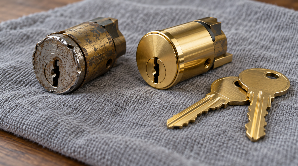 Scratched, bent door lock cylinder next to a new brass cylinder and two new keys on a gray cloth