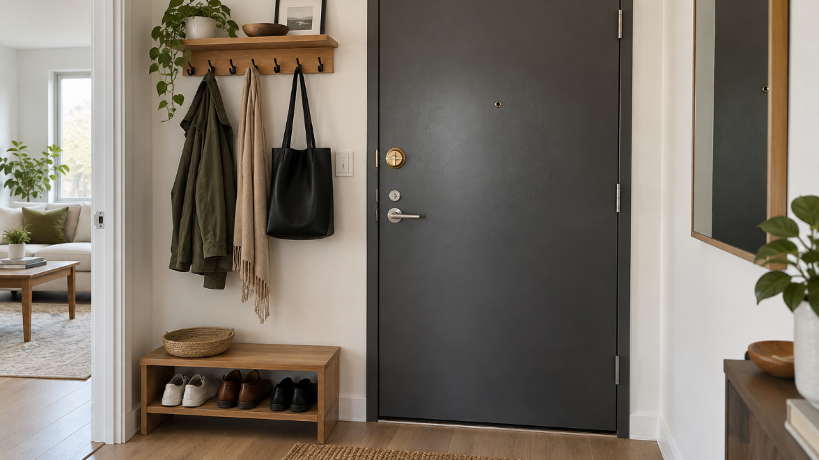 Dark gray apartment door seen from inside, with a lever handle, a brass deadbolt above it, and a peephole