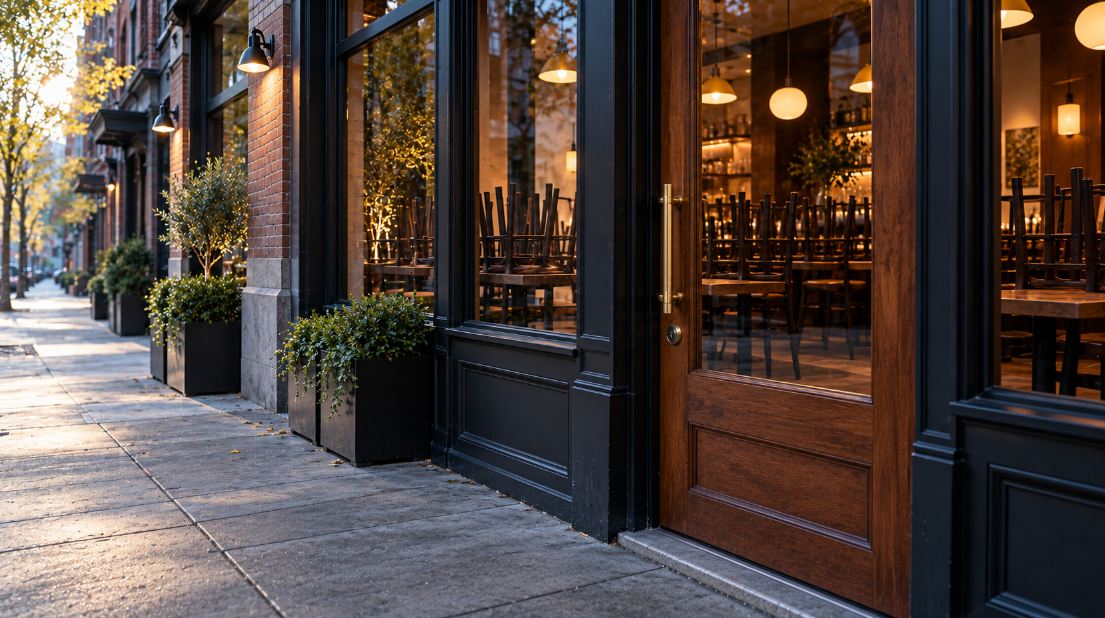 Closed wooden restaurant door with a glass panel and brass handle, chairs stacked on tables seen through the window