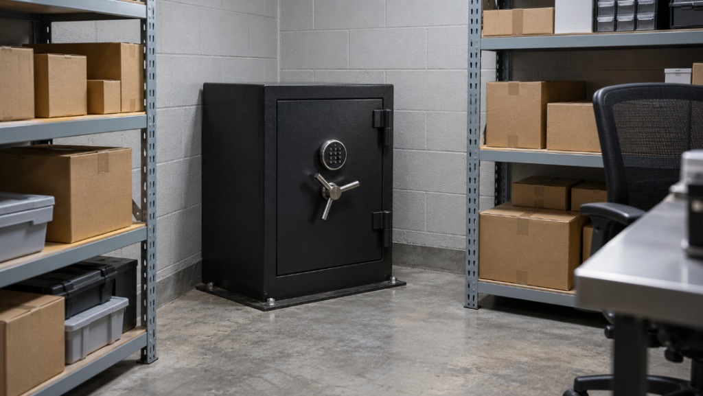 Black steel safe on a concrete floor in a store back room, metal shelves with cardboard boxes on both sides