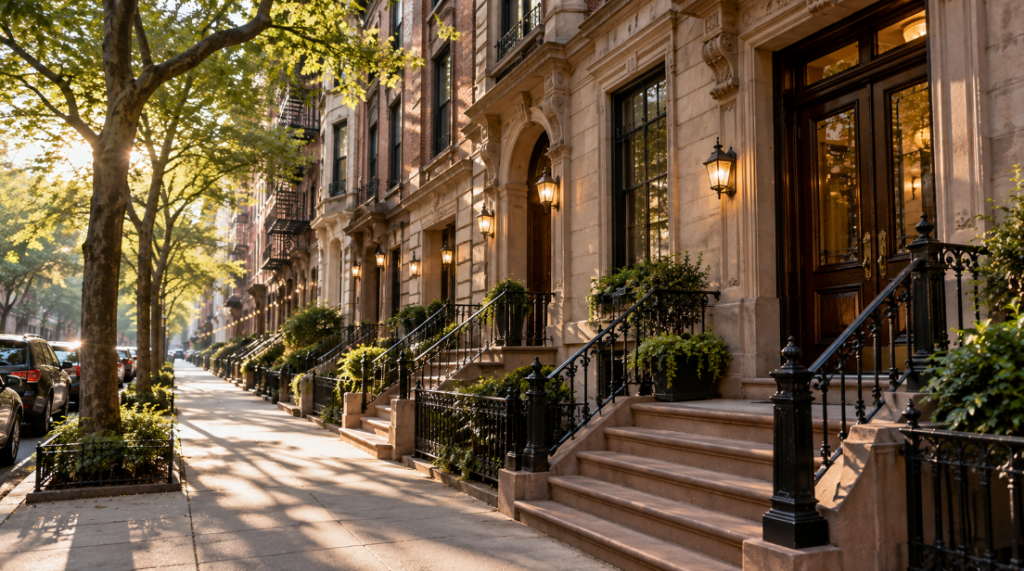 Row of prewar apartment building entrances with stone stoops, iron railings, and wooden doors on a tree-lined street