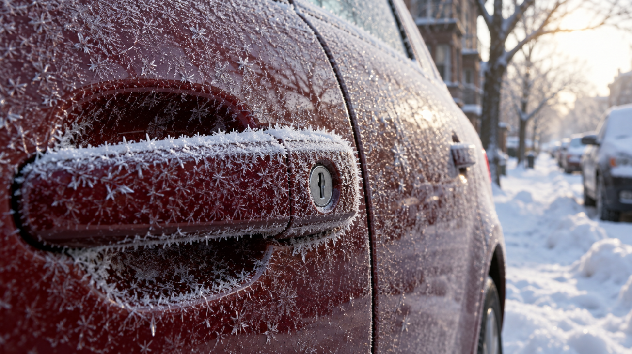 Frost-covered door handle and keyhole of a dark red car on a winter morning