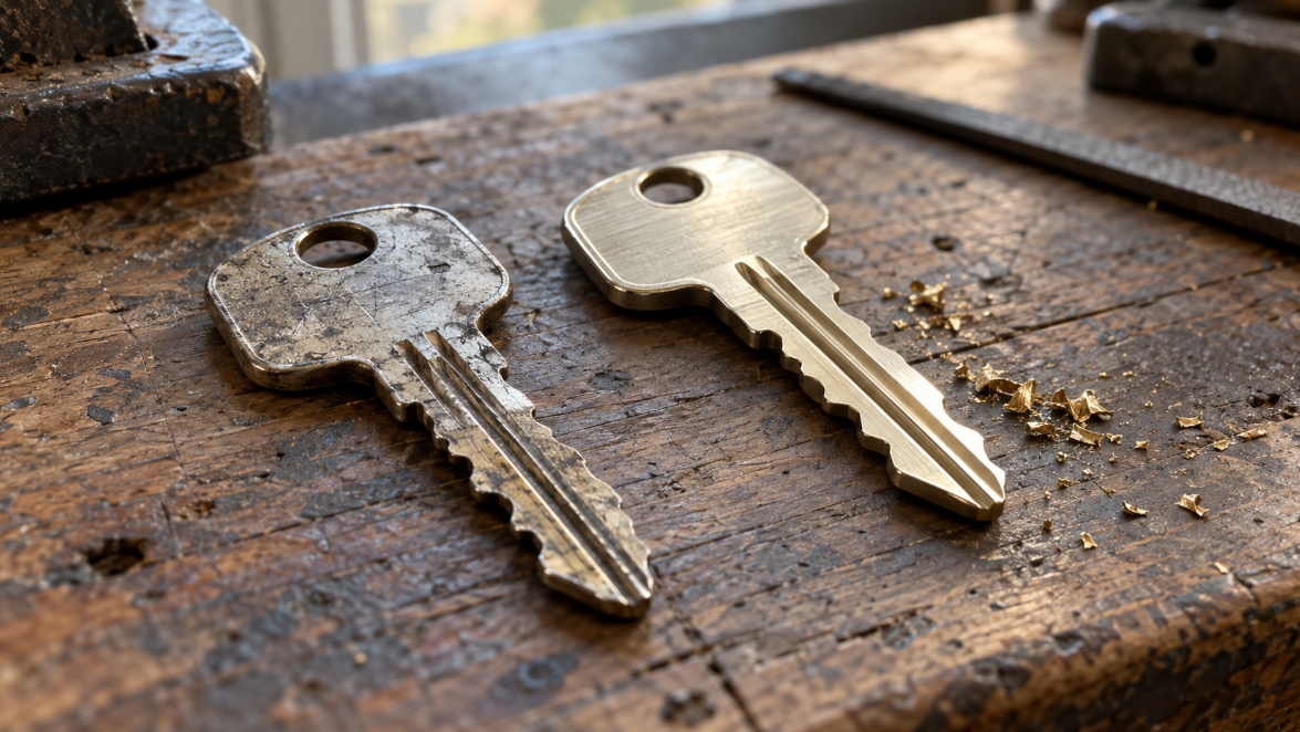 Worn all-metal car key next to a freshly cut matching key on a wooden workbench with brass shavings