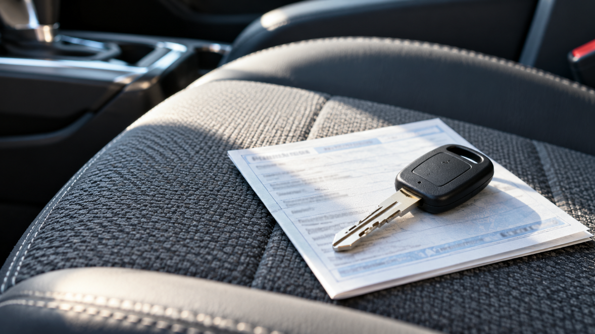 New car key with a black plastic head lying on a folded registration card on a car seat