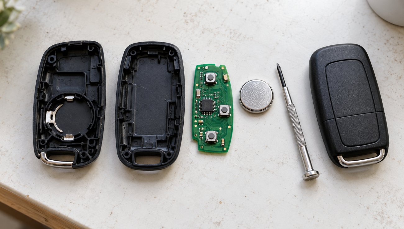 Opened key fob with its shell halves apart, a small circuit board, a coin battery, and a new shell beside a tiny screwdriver
