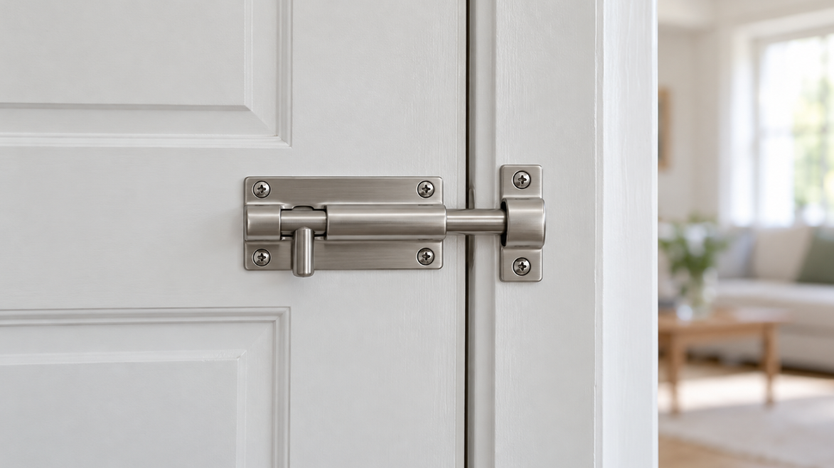Brushed steel barrel bolt on a closed white door, its bolt slid into a keeper on the door frame