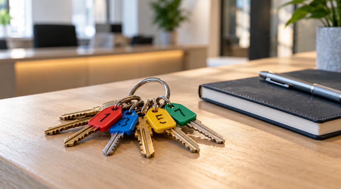 Ring of brass and silver keys with numbered colored tags on a wooden reception desk beside a notebook and pen