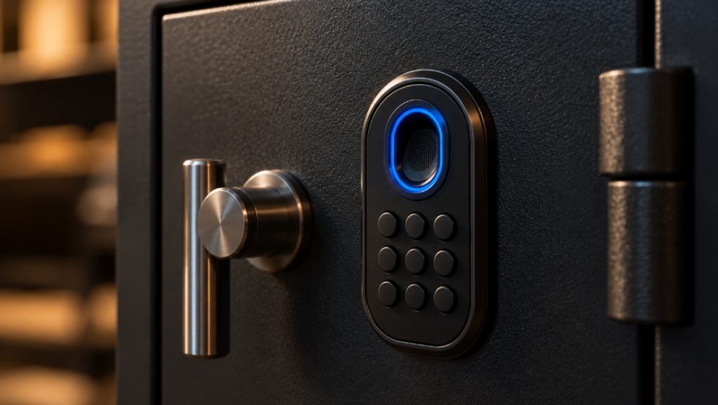 Oval fingerprint sensor ringed with soft blue light above a short row of keypad buttons on a black steel safe door