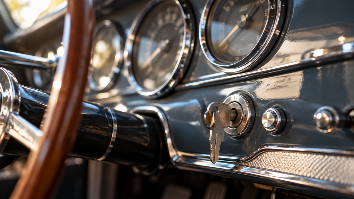 All-metal key in a chrome-ringed ignition switch on a painted metal dashboard with round gauges behind