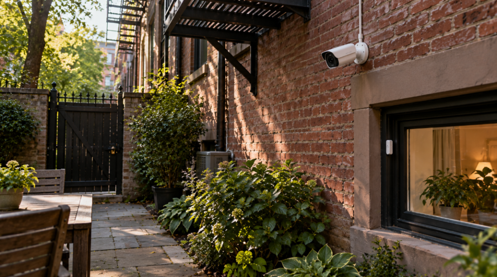 Security camera on the brick back wall of a brownstone aimed at the garden gate, with a basement window and a fire escape above