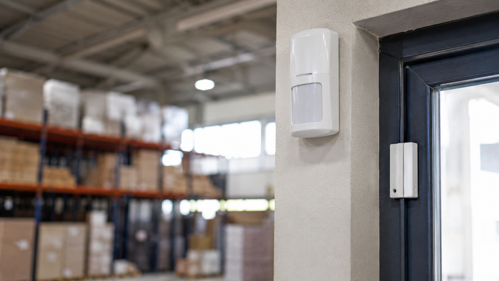 Alarm sensor mounted in a warehouse corner covering the aisle and loading dock zone