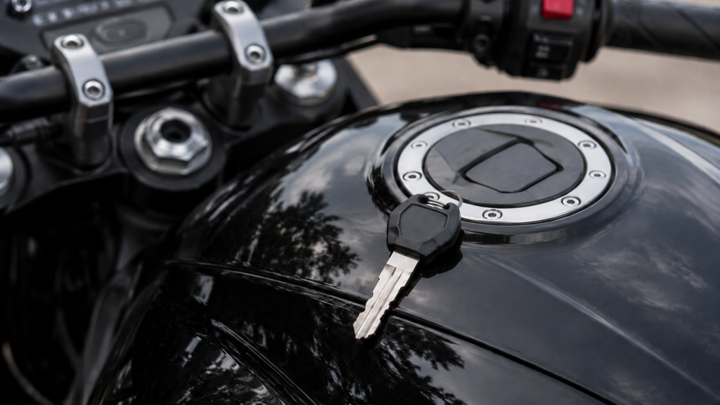 Shiny black motorcycle close-up details