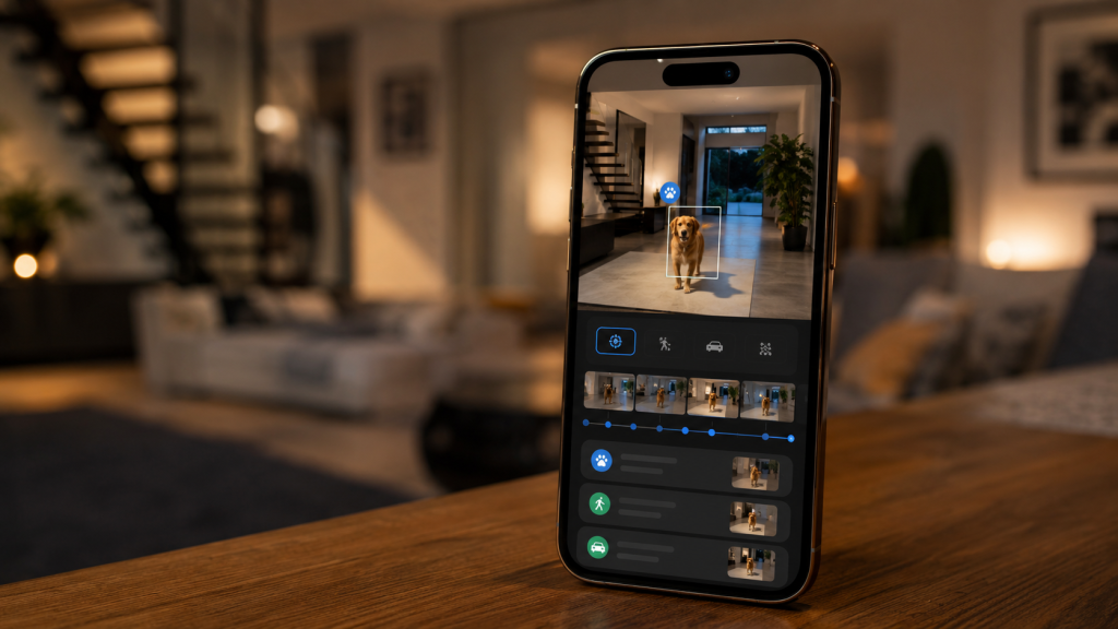 Smartphone monitoring a dog in a cozy home