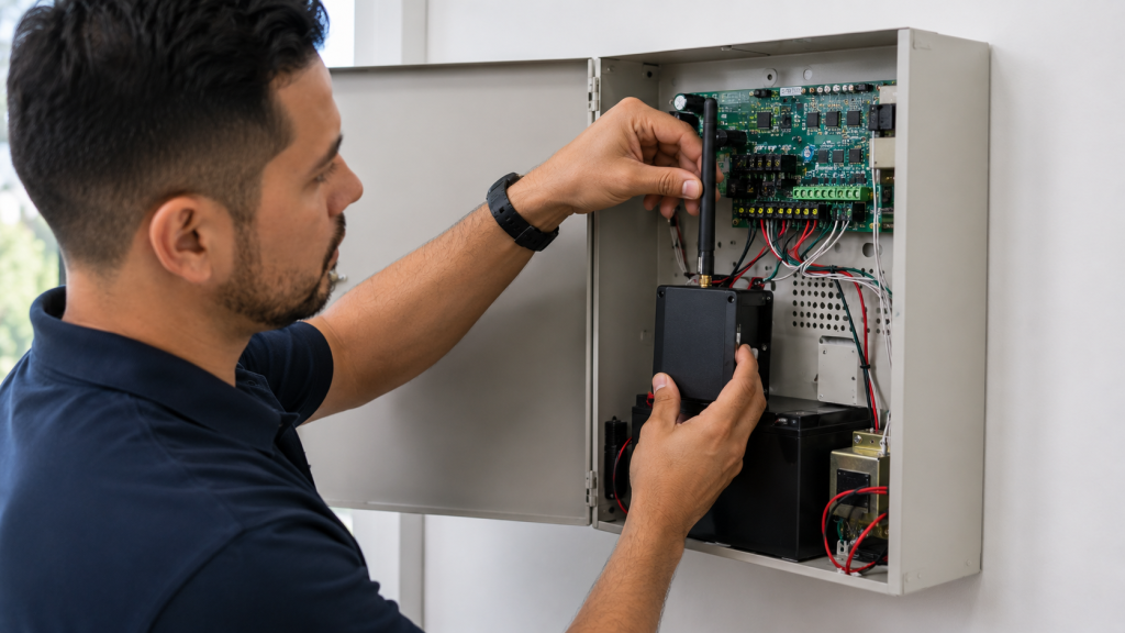 Technician servicing an alarm panel