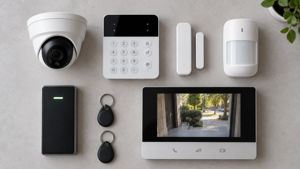 Turret camera, alarm keypad, door contact sensor, motion detector, card reader with key fobs and an intercom station laid out on a gray surface