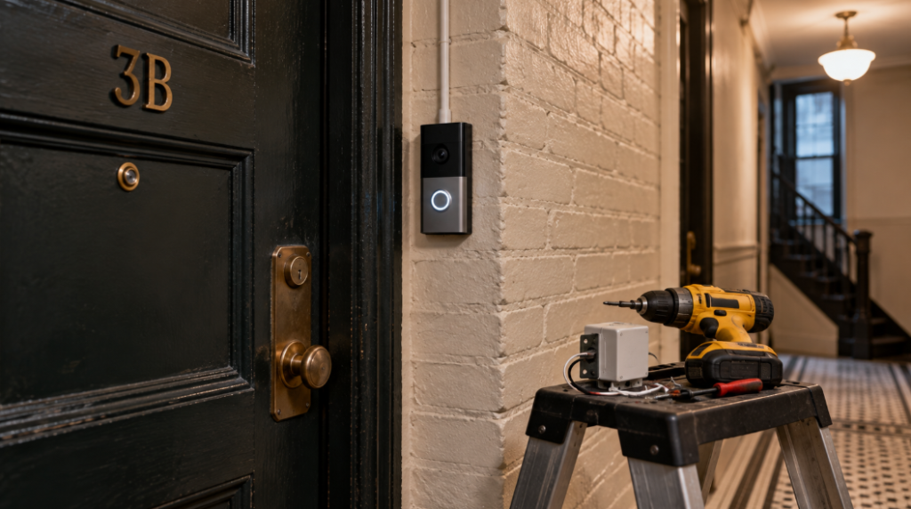 Video doorbell beside an apartment door on a painted brick wall, with a drill and a transformer box on a step stool