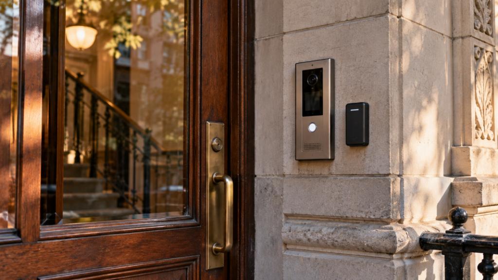 Video intercom panel and key fob reader side by side on the stone wall beside an apartment building door
