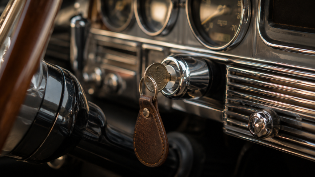 Vintage car dashboard details in focus