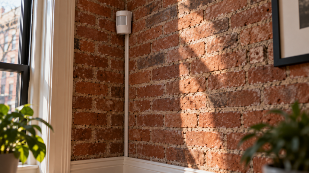 White cable raceway running up a red brick wall from the baseboard to a motion detector in the corner