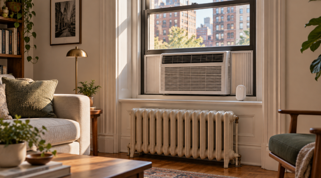 Window air conditioner in a tall prewar window with a small white controller on the sill and a radiator below