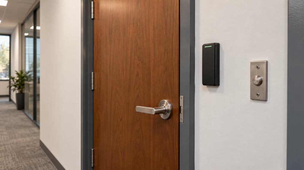 Wood office door with a steel lever handle, a card reader on the wall beside it and a push-to-exit button