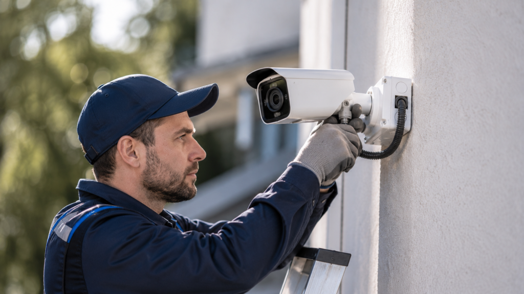 Worker adjusting security camera outdoors