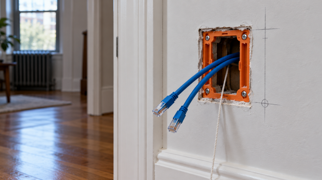 Two blue network cables and a white pull string coming out of a wall opening with an orange mounting bracket