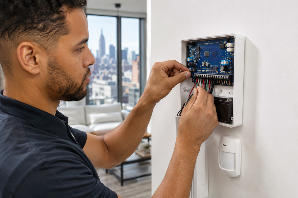 Burglar alarm control panel installation in NYC apartment