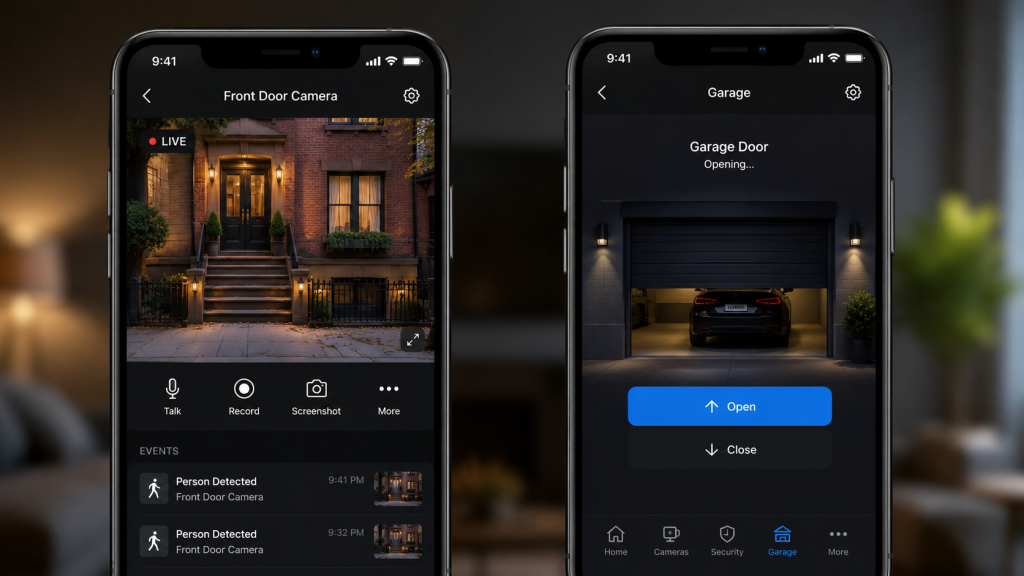 Smart home app showing security camera feed and garage door control