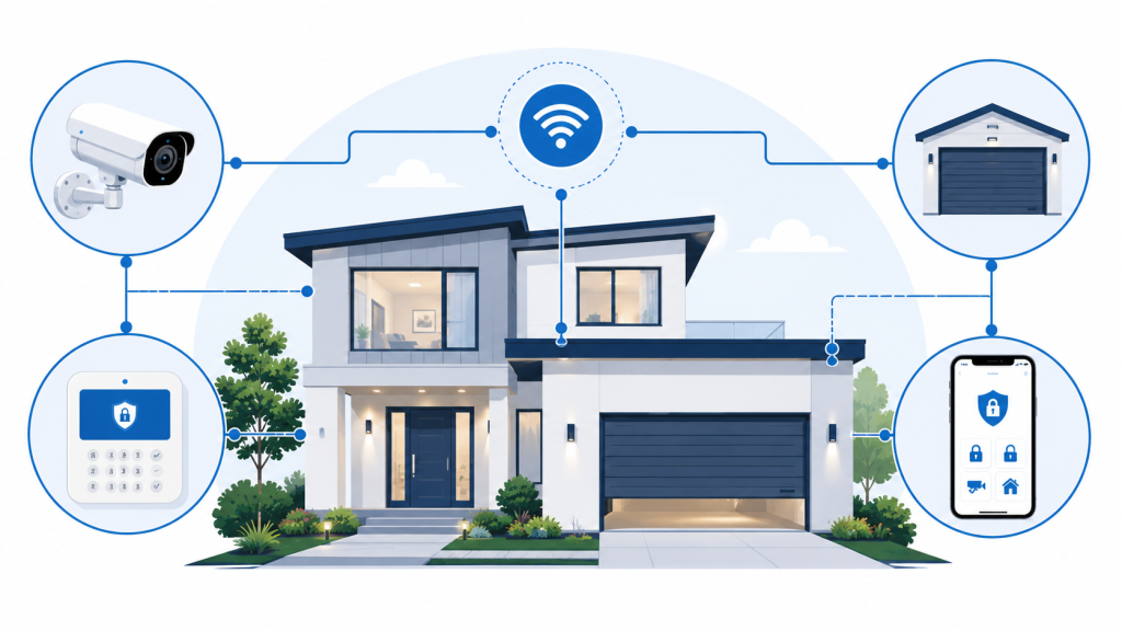 Home automation system diagram showing cameras, garage door and alarm integration
