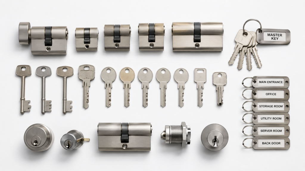 Commercial master key system with cylinders and keyed access levels