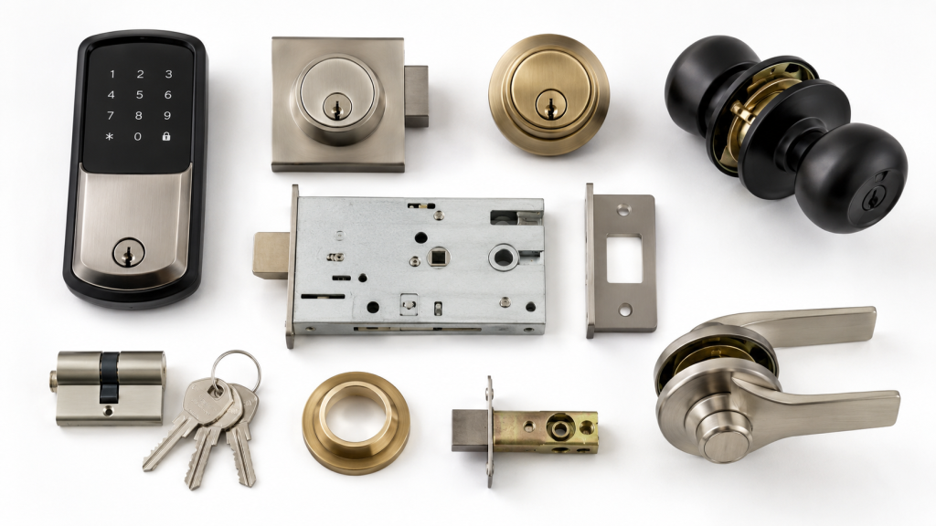 Different types of residential door locks including deadbolt and smart lock