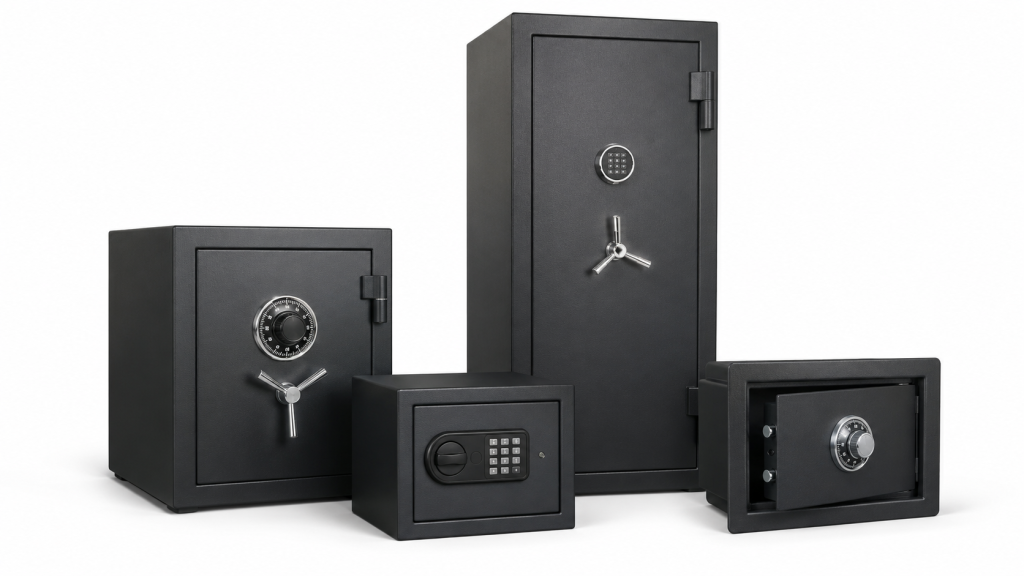 Different types of residential safes including gun safe and combination dial safe