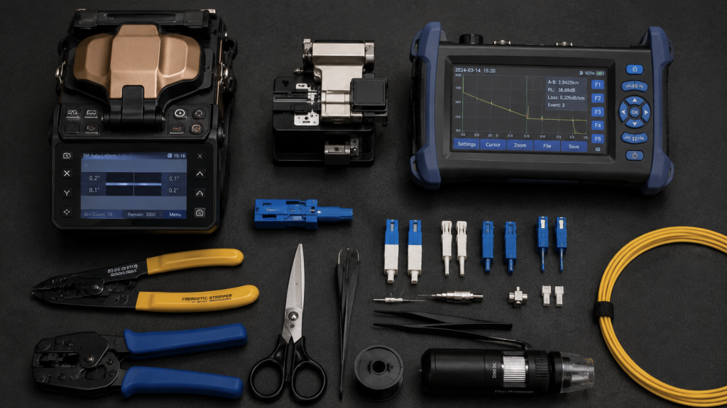 Fiber optic cable installation tools including fusion splicer and OTDR tester