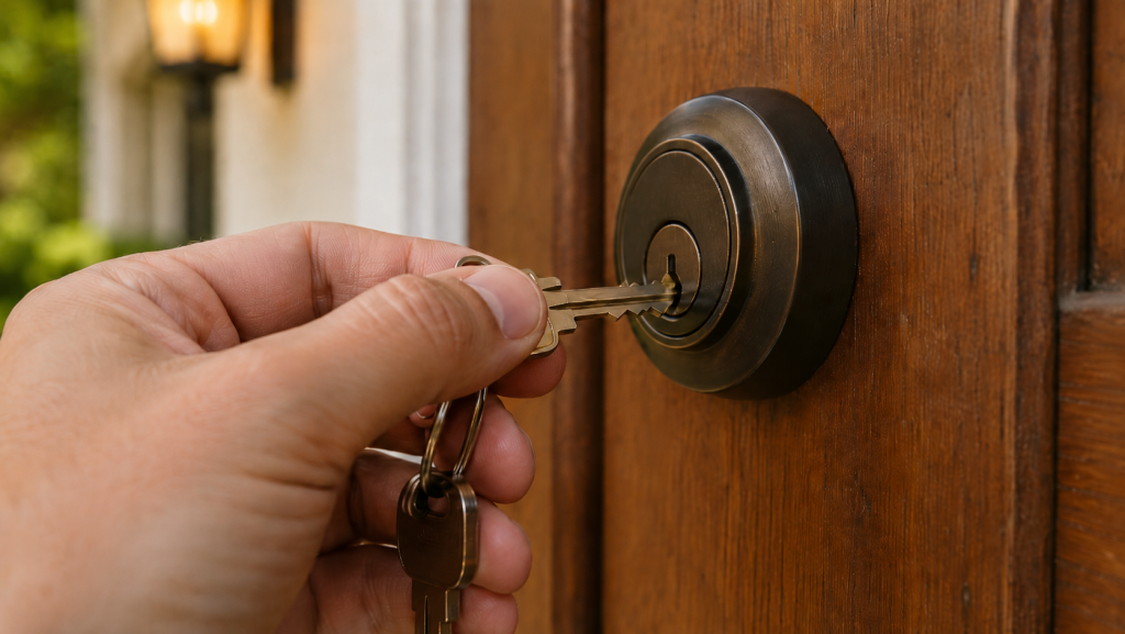 Key being inserted into residential deadbolt lock on front door