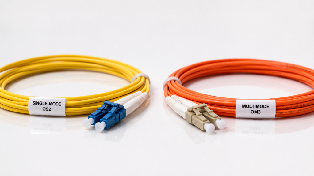 Single-mode yellow and multimode orange fiber optic cables comparison