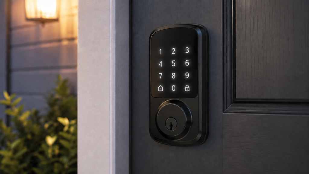 Smart lock keypad on residential door as alternative to traditional key
