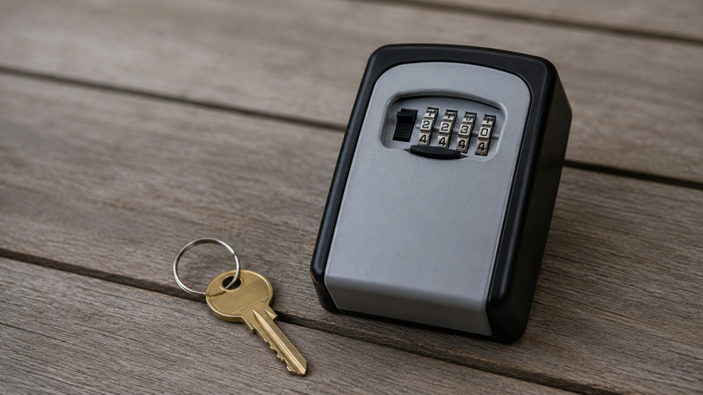 Spare house key and combination lockbox for emergency access