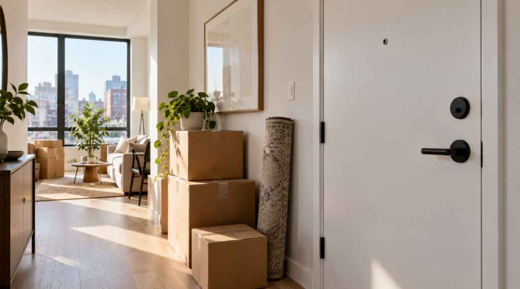 White apartment door with a matte black deadbolt and lever handle, moving boxes and a rolled rug in the entry hall
