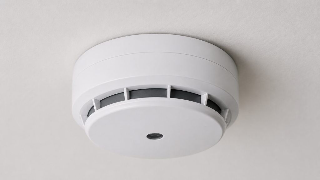 Ceiling-mounted smoke detector close-up