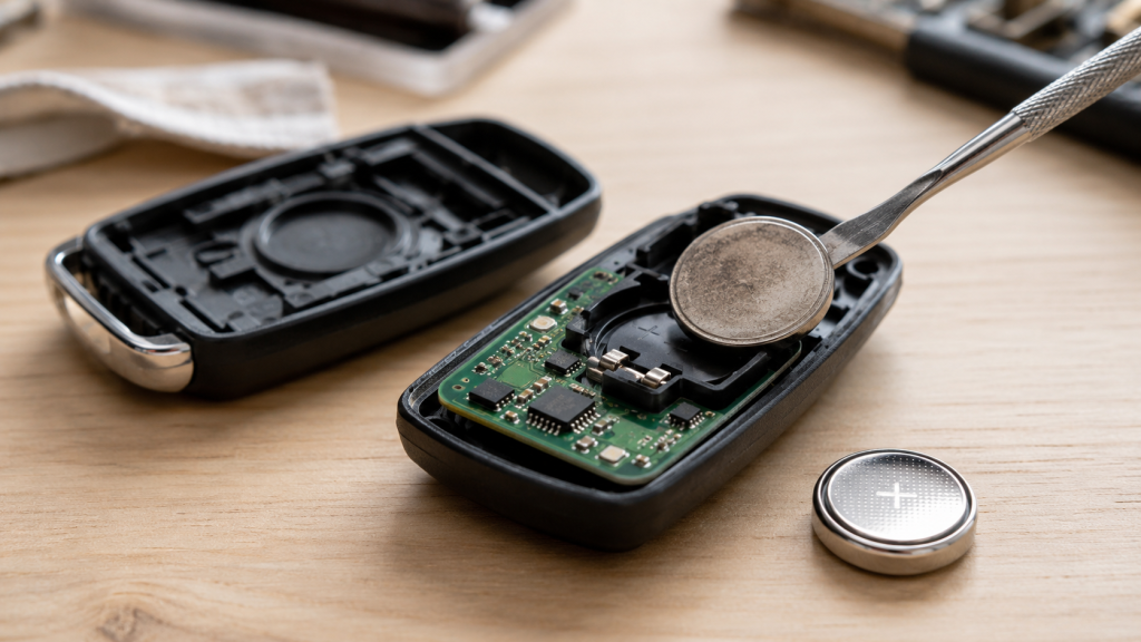 Disassembled car key fob on workbench