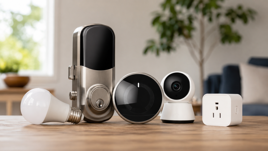 Modern smart home essentials on wood