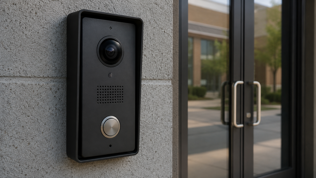 Modern video doorbell at entryway