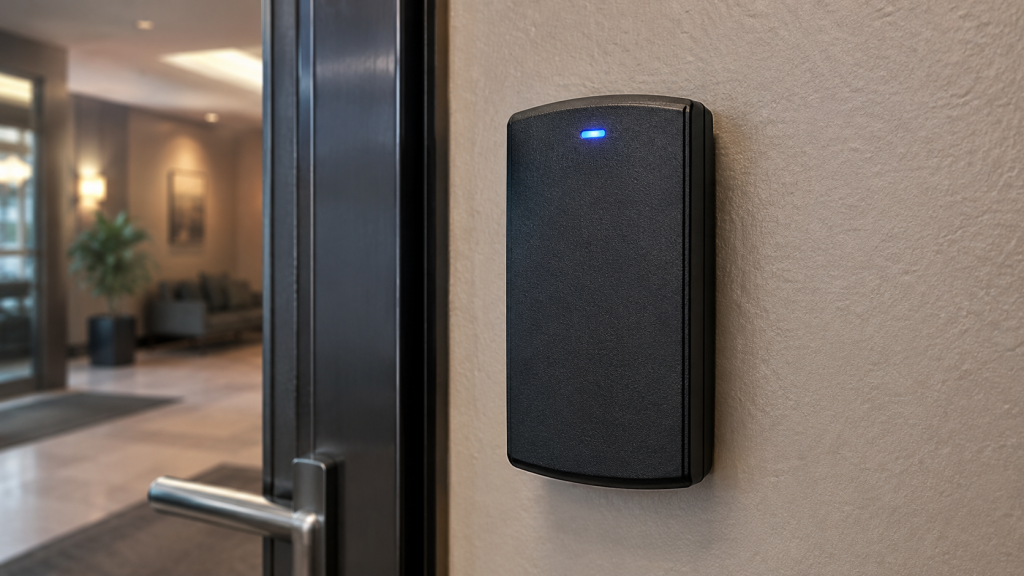Blue-Glow Key Fob Reader in Modern Lobby