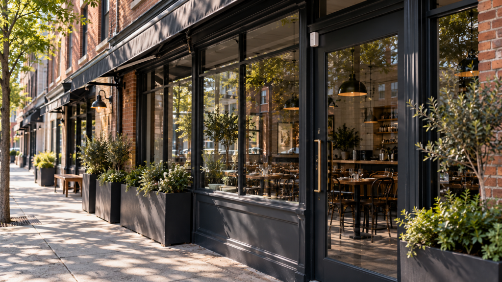 Restaurant frontage in daylight with glass windows and a contact sensor at the door frame