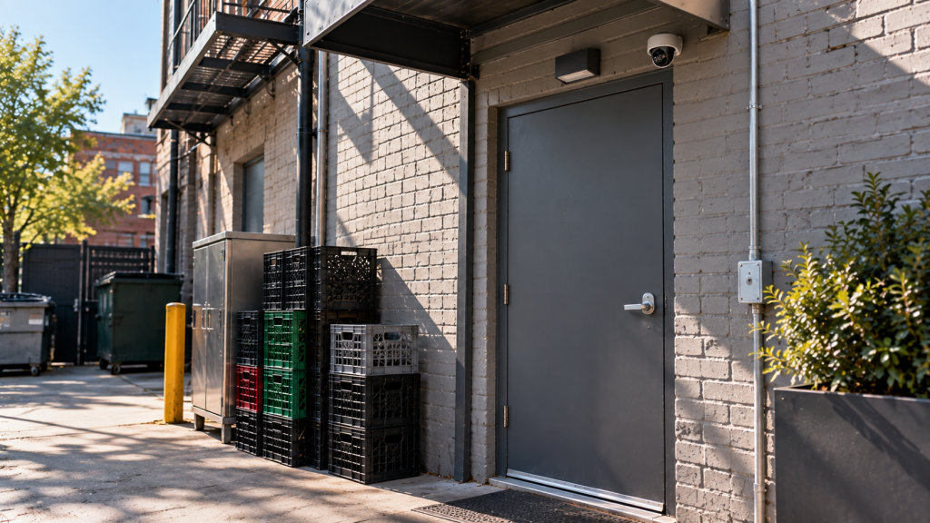 Restaurant back service entrance in daylight with stacked crates and a camera above the door