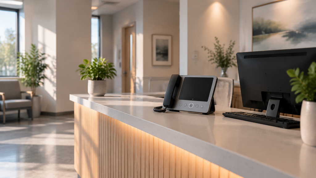 Front desk with an intercom answering unit and monitor sitting on the counter