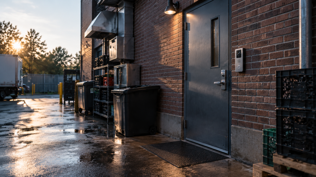 Restaurant back door in the early morning with an intercom station and delivery crates beside it