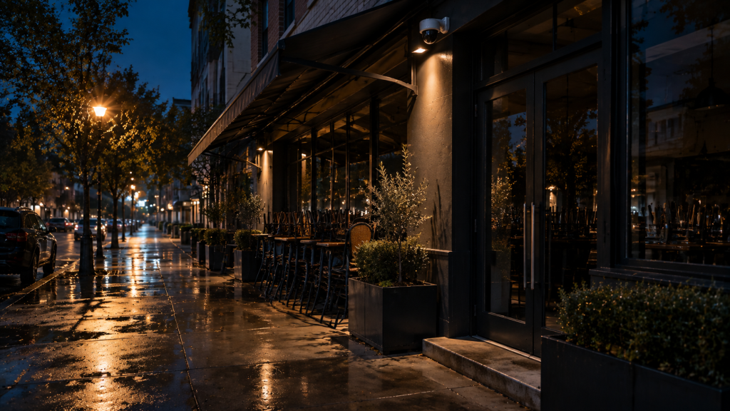Closed restaurant at night with stacked outdoor seating and a camera above the entrance